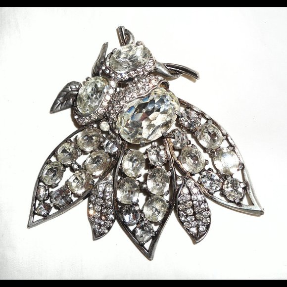 *ULTRA RARE* 1930s Large EISENBERG Vtg BEE Art Deco Double Pin Rhinestone Brooch - Picture 6 of 13